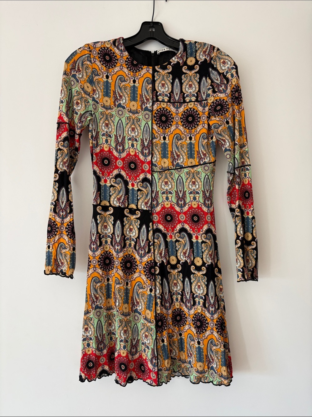Alice + Olivia Multicolor Paisley Patchwork Long Sleeve A‑Line Dress